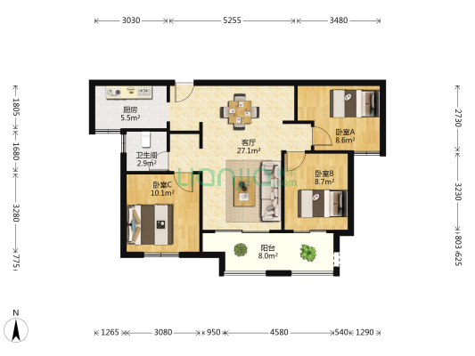 华强国际公馆 3室1厅1卫 103平方