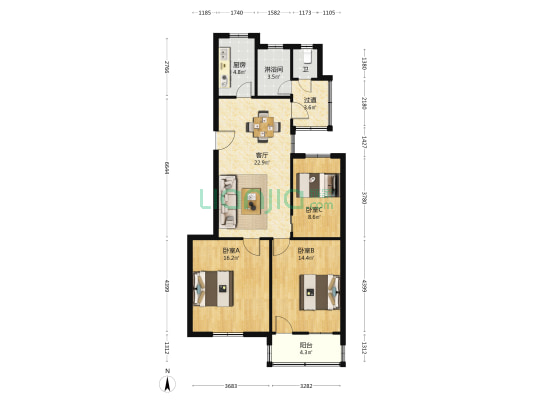 交警支队宿舍 3室1厅2卫 91平方