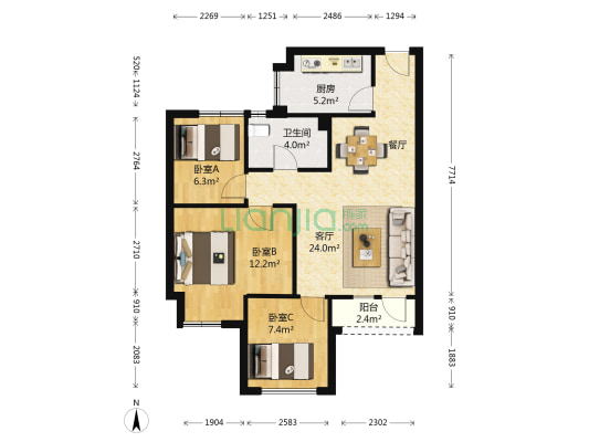 唐岛ONE 3室1厅1卫 86平方