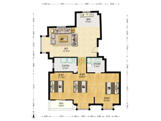 云河绿洲 3室1厅2卫 127平方