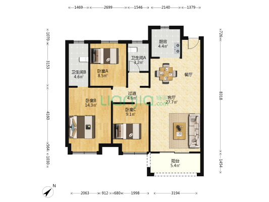 长江青年城 3室1厅2卫 114平方
