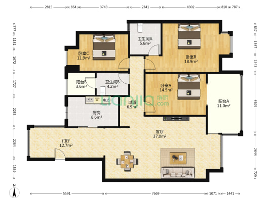 金雁湖紫荆苑 3室1厅2卫 139平方