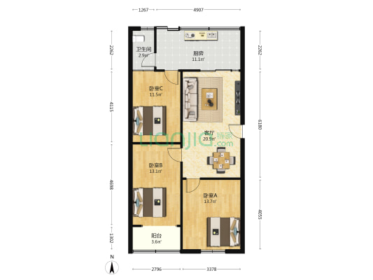 五桥街道社区卫生服务中心宿舍 3室1厅1卫 100平方
