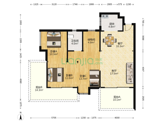 珠江·云锦 3室2厅1卫 113平方