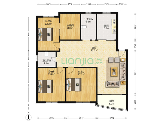 鸿运苑北苑 3室1厅2卫 144平方
