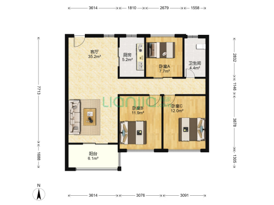 东城锦楠府 3室1厅1卫 90平方