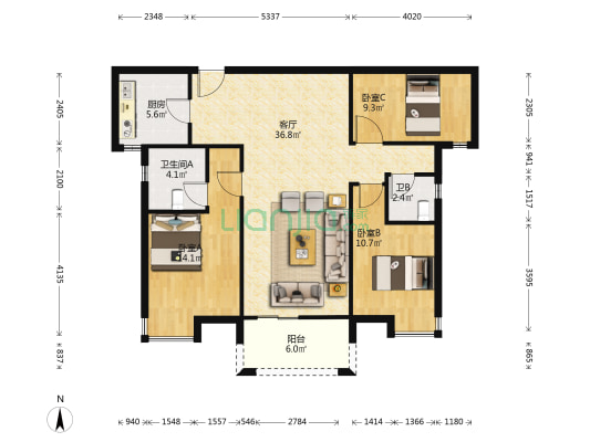 北辰三角洲奥城E7区 3室1厅2卫 122平方