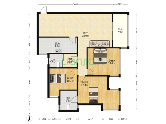 叠彩名門 3室1厅2卫 133平方