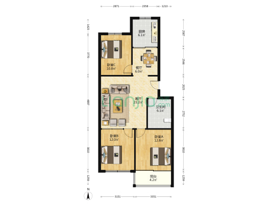 育新小区 3室2厅1卫 101平方