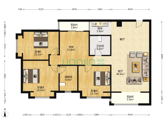 万彩城 4室1厅1卫 143平方
