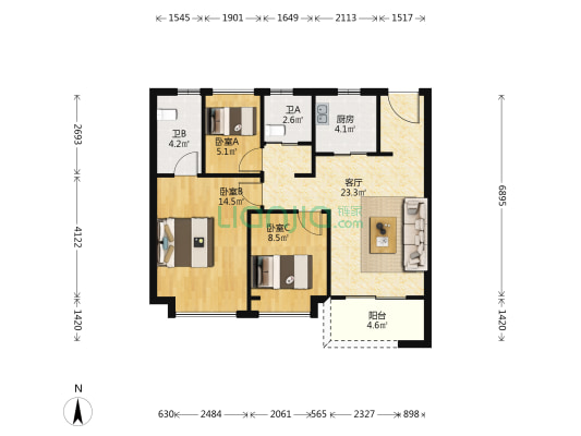 万科·世纪之光 3室1厅2卫 89平方