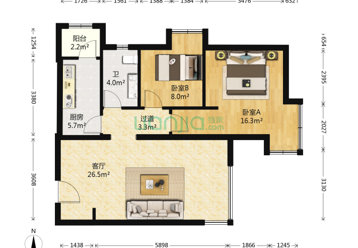 2室1厅1卫88.98-北京富力金禧花园户型图