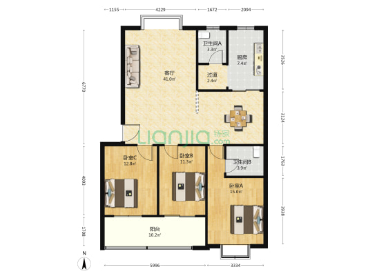 龙福小区 3室1厅2卫 124平方