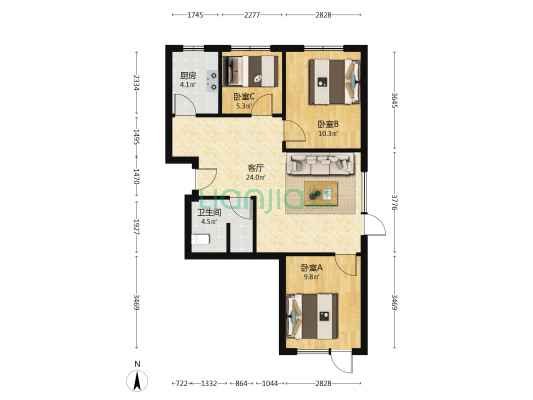 至尊广场 3室1厅1卫 85平方