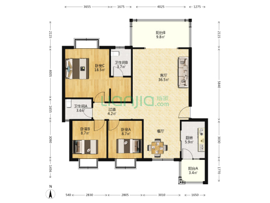 花锦地 3室1厅2卫 118平方