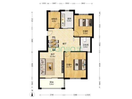 凤凰花苑(崇明) 2室1厅1卫 95平方