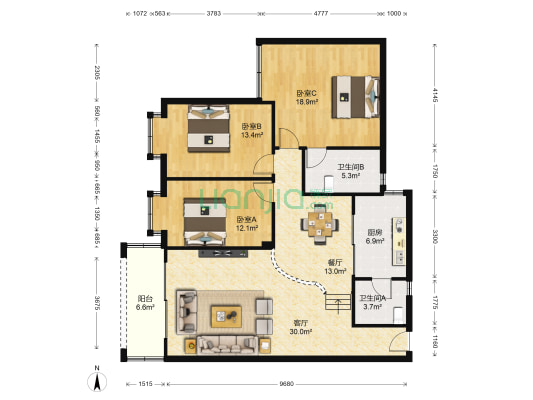 朗陶居 3室2厅2卫 127平方