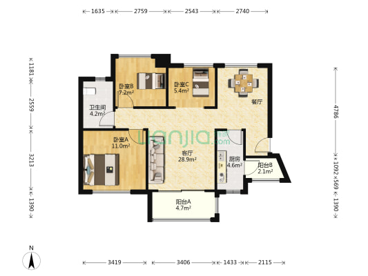 珠江郦城探香里 3室1厅1卫 89平方