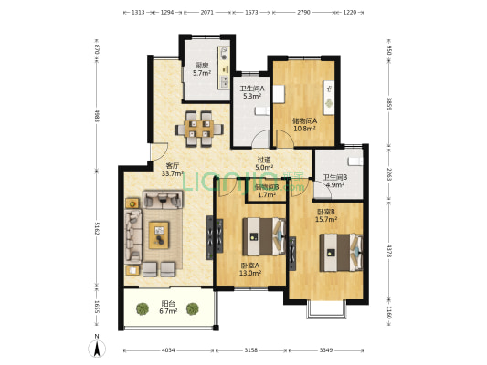 凤凰城凤翔苑 2室1厅2卫 121平方