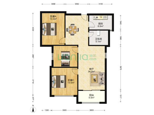 康桥丹堤 3室1厅1卫 86平方
