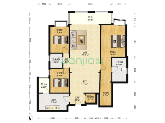 昌盛双喜城 3室2厅2卫 110平方