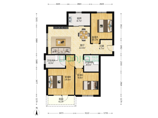 东方华庭商郡 3室1厅2卫 121平方