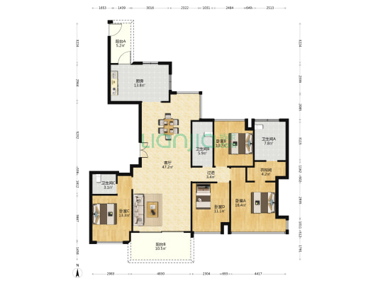 海德园 4室1厅3卫 195平方