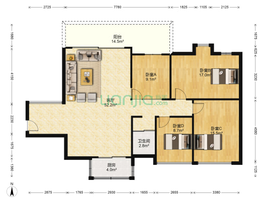 瑞和家园二期 4室1厅1卫 140平方