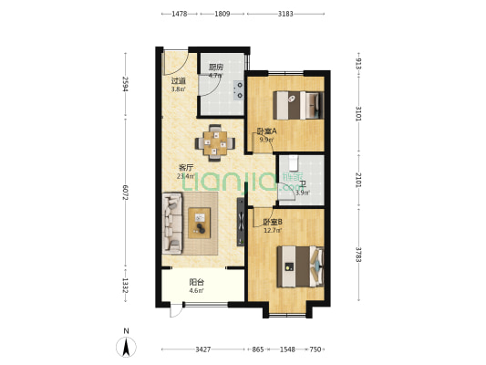 东创观澜上院 2室1厅1卫 88平方