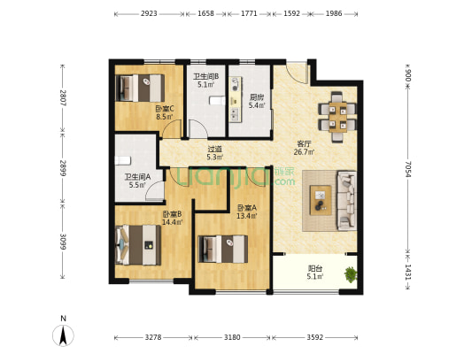 腾讯双创小镇云晓 3室1厅2卫 118平方