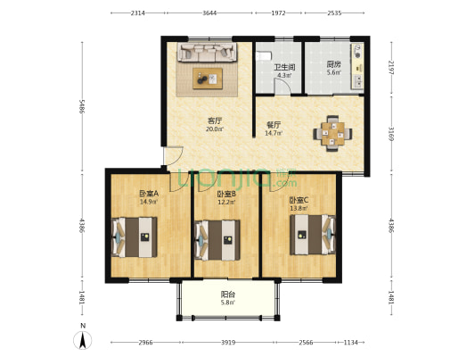 华新苑 3室2厅1卫 108平方
