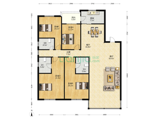 康盛花园 4室2厅3卫 195平方