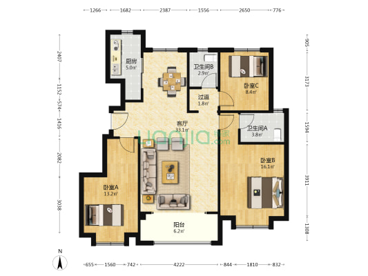 天铂澜园 3室1厅2卫 118平方