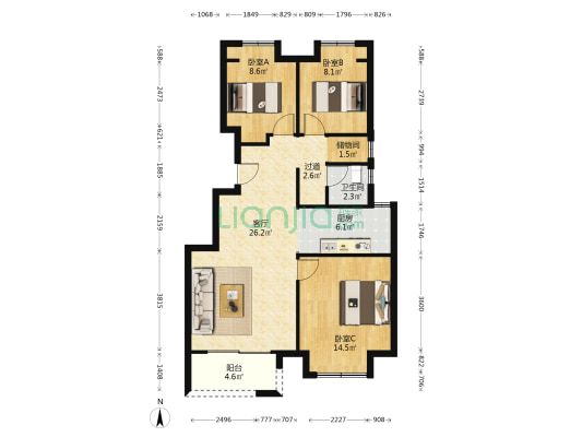 云有山苑 3室1厅1卫 88平方