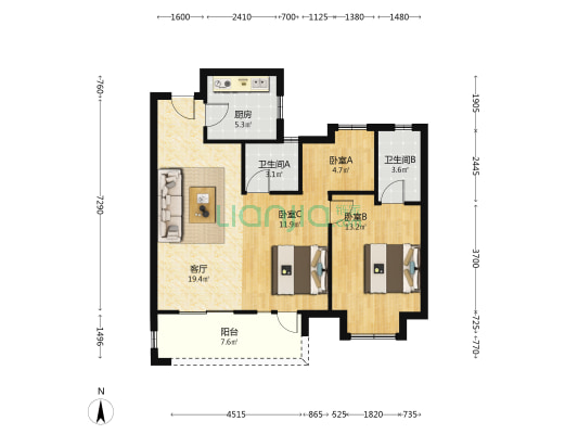 景瑞清能江南悦 3室1厅2卫 93平方