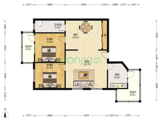 奉化道 2室2厅1卫 118平方