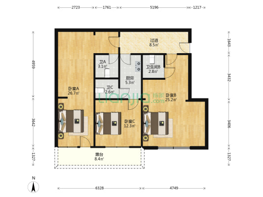 比科新小区 3室0厅3卫 130平方