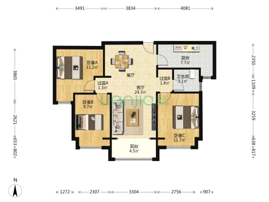 逸景佲园 3室1厅1卫 97平方