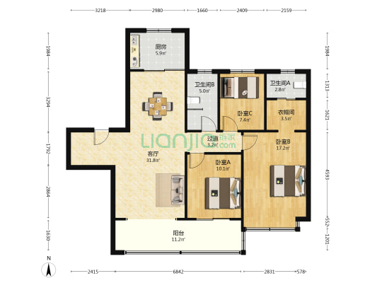 锦云台 3室1厅2卫 130平方