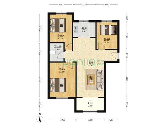 牛津花园 朝南两居 好楼层，采光视野无遮挡-户型图