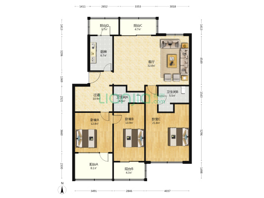 广达商城 3室1厅2卫 157平方