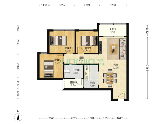 领琇长江A区 3室1厅1卫 85平方