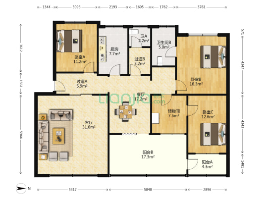 计生委宿舍 3室2厅2卫 165平方