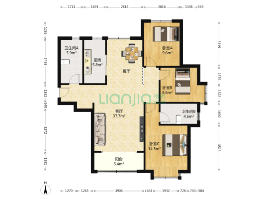 银丰唐郡紫薇园 3室1厅2卫 125平方