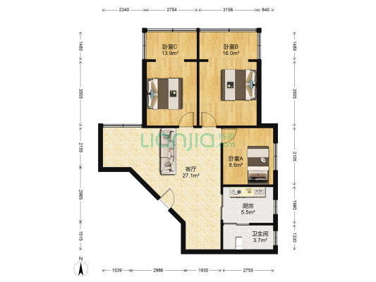 紫丁巷3号 3室1厅1卫 88平方
