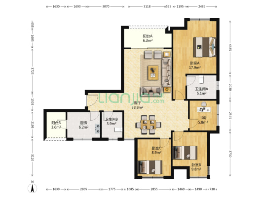 上东汇南区一组团 4室1厅2卫 131平方
