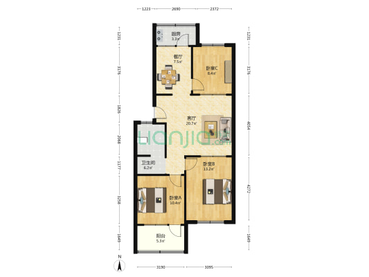 供电公司宿舍楼 3室2厅1卫 93平方