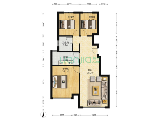华远海蓝城 3室1厅 南 北-户型图