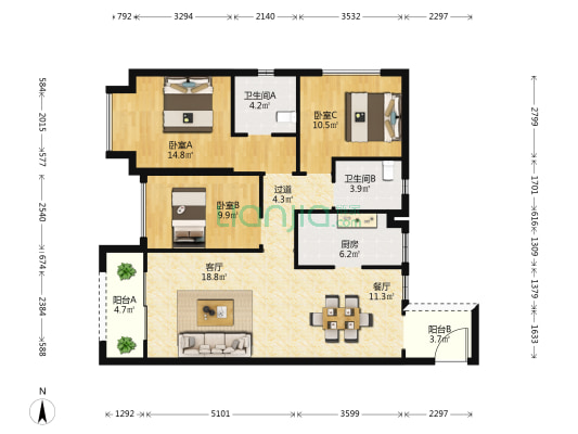 云青花园A1区 3室2厅2卫 118平方