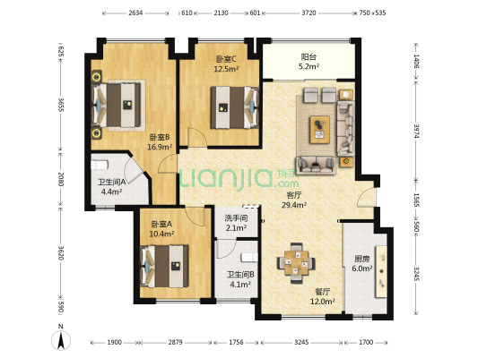 金地·蘭悦 3室2厅3卫 124平方